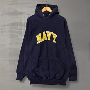 Vintage Steve Barry Navy Reverse Weave Sweatshirt Hoodie Mens XL Embroidered